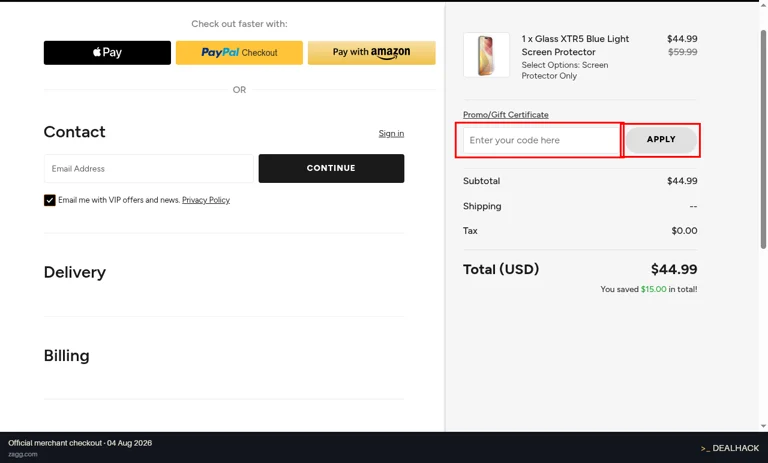 ZAGG checkout page showing the Enter your code here field and APPLY button
