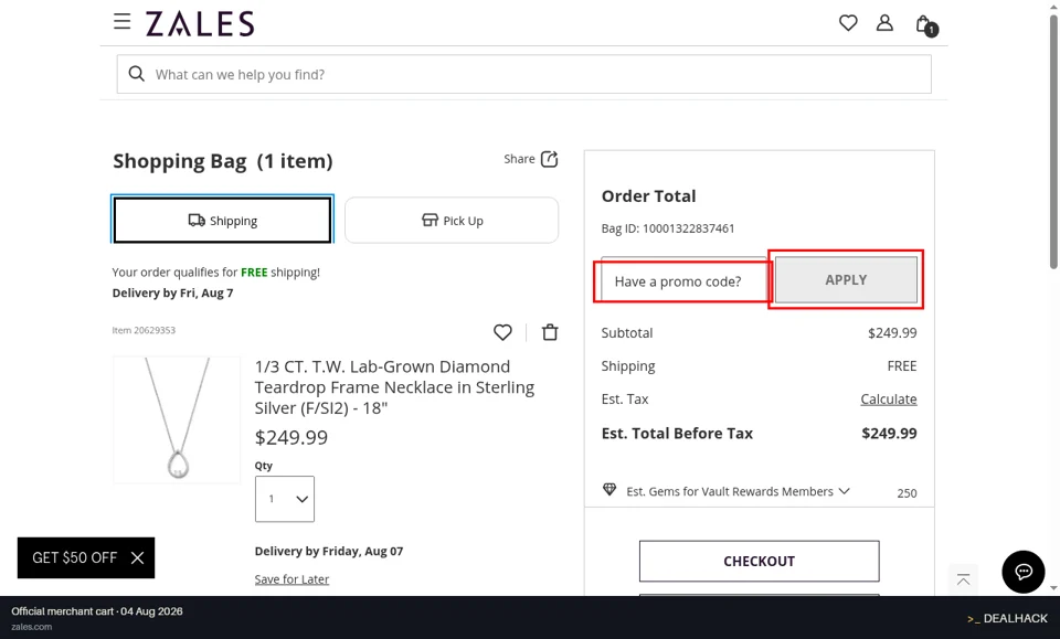 Zales checkout page showing the Have a promo code? field and APPLY button