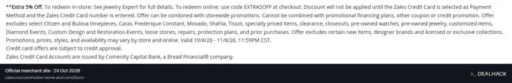 Screenshot of Zales's website on Oct 24, 2026 showing the "Save an Extra 5% With a Zales Credit Card" offer