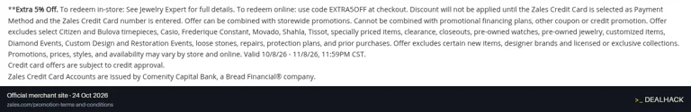 Screenshot of Zales's website on Oct 24, 2026 showing the "Save an Extra 5% With a Zales Credit Card" offer