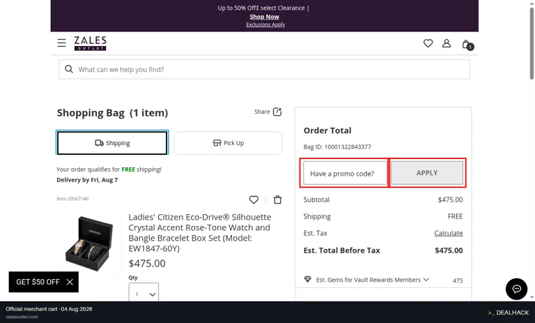 Zales Outlet checkout page showing the Have a promo code? field and APPLY button