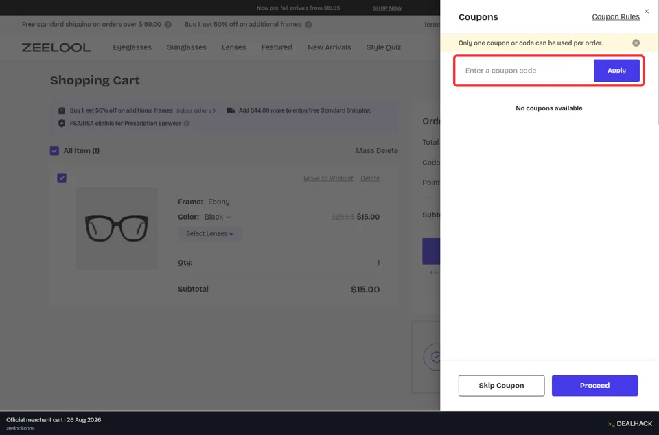 Zeelool Glasses checkout page showing the Enter a coupon code field and Apply button
