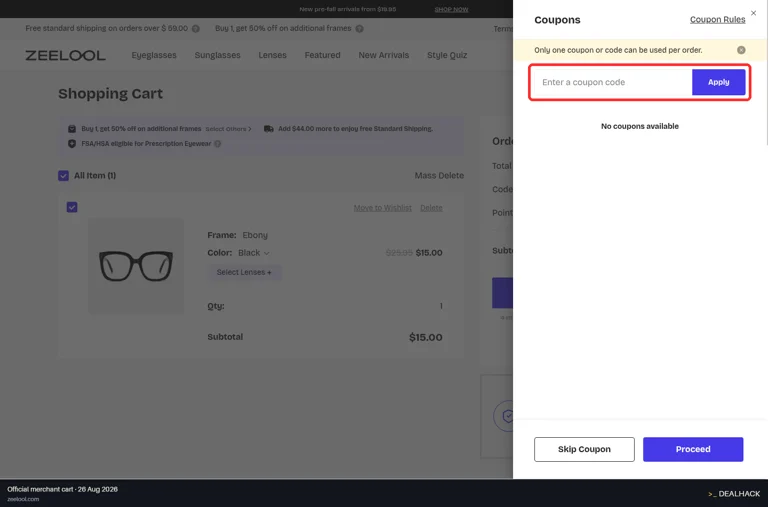 Zeelool Glasses checkout page showing the Enter a coupon code field and Apply button