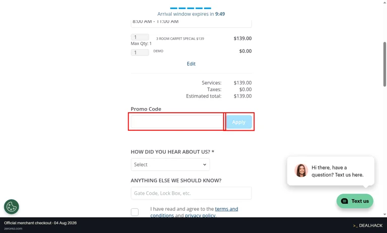Zerorez checkout page showing the Promo Code field and Apply button
