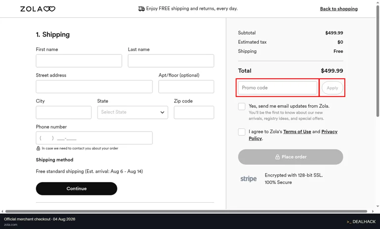 Zola checkout page showing the Promo code field and Apply button